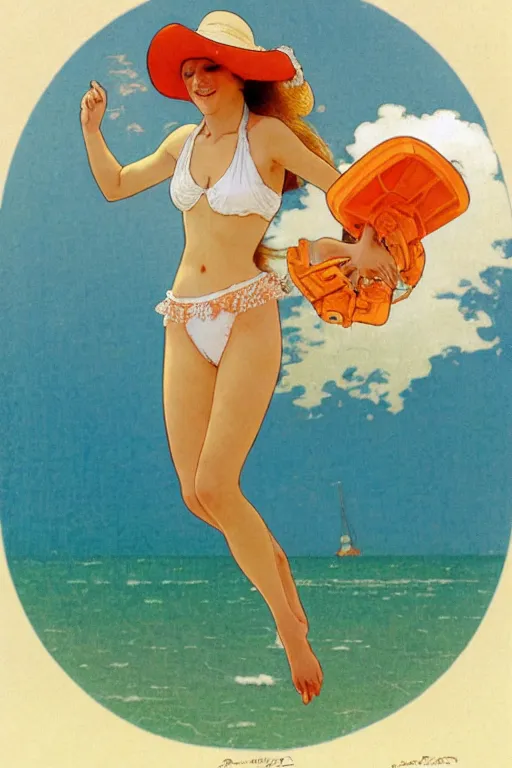 Image similar to A girl in a white lacy bikini and white sun hat and Holding a heart-shaped lifebuoy, jumping for joy,long orange hair floating on air ,Waves and sand and clouds in the background ,Smooth visual lines,graphic Design by mucha