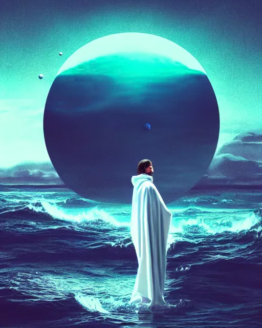 Image similar to a person wearing a white cloak standing in the water. a large planet is overhead. an album cover by stanley twardowicz, trending on cg society, retrofuturism, retrowave, chillwave, synthwave