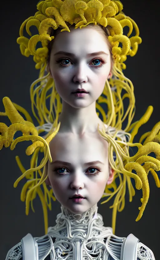 Image similar to intricate hyper detailed ultra sharp 3 d render of a beautiful porcelain doll portrait, medium shot portrait, bright light, alexandre ferra white mecha, cyberpunk mechanical haute couture flagella and fungi, magnolia goliath head ornaments, big embroidered leaves filigree sinuous roots, octane render, volumetric cinematic lighting, yellow, 8 k, vray tracing