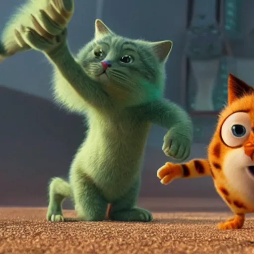 Image similar to a cinematic fill still from a 2015 Pixar movie where anthropomorphic cats battle against aliens, in the style of Pixar, shallow depth of focus