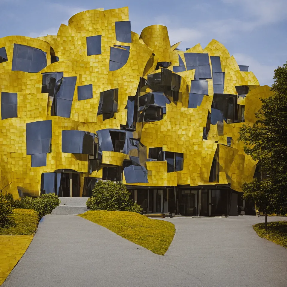 Image similar to a flat house, designed by Frank Gehry. Tiles. Gravel pathway with parking. Film grain, cinematic, yellow hue