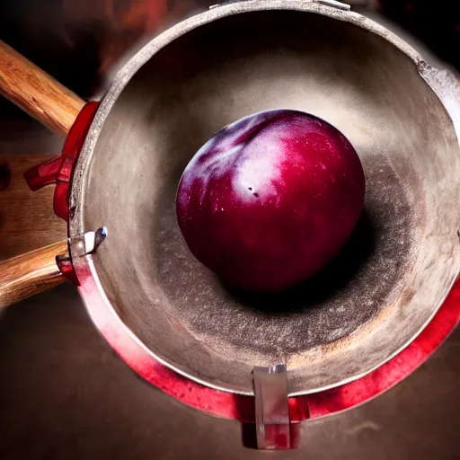 Image similar to a large plum being thrown into a meat grinder, realistic photograph, 4 k, hd