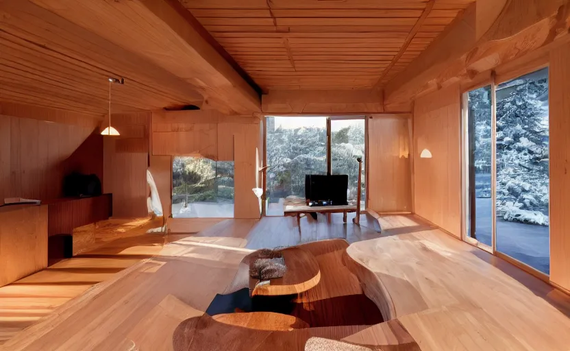 Image similar to luxurious wooden cottage by alvar aalto, modern Japanese living room, Japanese flower arrangements, coherent composition, architecturally accurate, architecture photography