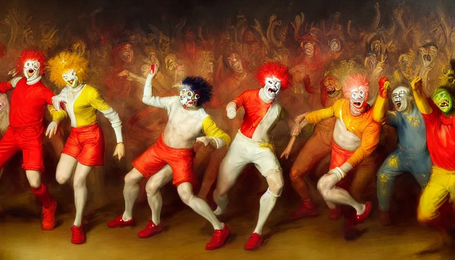 Image similar to highly detailed painting of a group of ronald mcdonalds with red afros, white facepaint, red noses and yellow tracksuits dancing at a cyber nightclub rave by william turner, by greg rutkowski, by william constable, thick brush strokes and visible paint layers, 4 k resolution