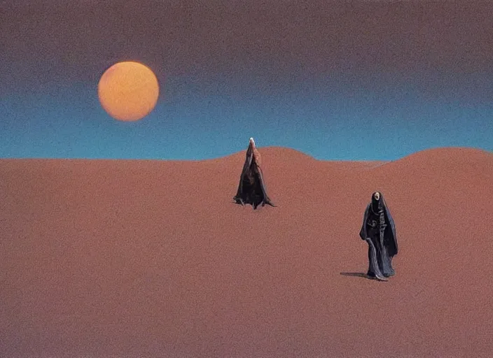 Prompt: ( ( ( ( ( dune 2 0 2 1 matte painting, sci - fi illustration, sci - fi environment, planets, desert scene, painting, psychedelic ) ) ) ) ) by moebius and ralph mcquarrie!!!!!!!