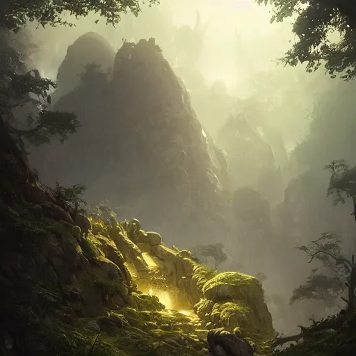 Prompt: The ancient corpse of a fallen stone titan within a deep and lush valley, Greg Rutkowski WLOP, dramatic lighting, view for miles, lens flare, perspective, landscape, beautiful lighting, stone colossus remains