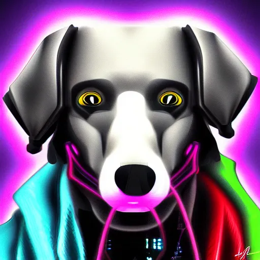 Prompt: cyberpunk dog, digital art