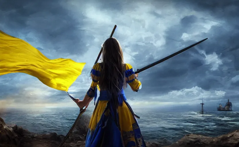 Prompt: view from behind of a girl in national clothes with blue and yellow stripes in her beautiful hair and a huge realistic scythe in her hands standing against and facing a huge realistic detailed Russian warship on the horizon, and she is ready to fight, Ukrainian flag on the left side, concept art, сinematic lighting, insanely detailed, smooth, sharp focus, Artstation, 8k, unreal engine, hyper realistic, steampunk style, bright background, moonlight, volumetric lighting, digital illustration by Ruan Jia and Mandy Jurgens and Artgerm and Wayne Barlowe and Greg Rutkowski and Zdislav Beksinski