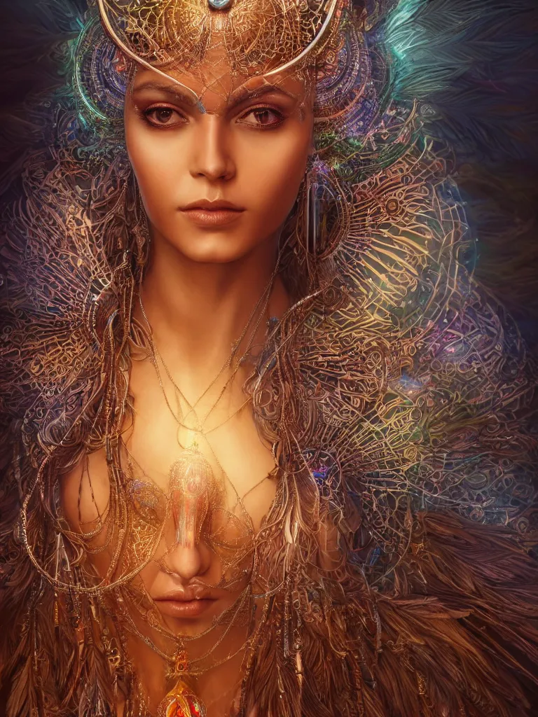 Image similar to a centered render of a single alluring mystical tribal goddess adorned with feathers and gemstones and cables and synthesizer parts is surrounded by sacred geometry made from elven architecture, full body, gorgeous face, perfect face, powerful, cinematic, beautifully lit, by artgerm, by karol bak, 3 d, trending on artstation, octane render, 8 k