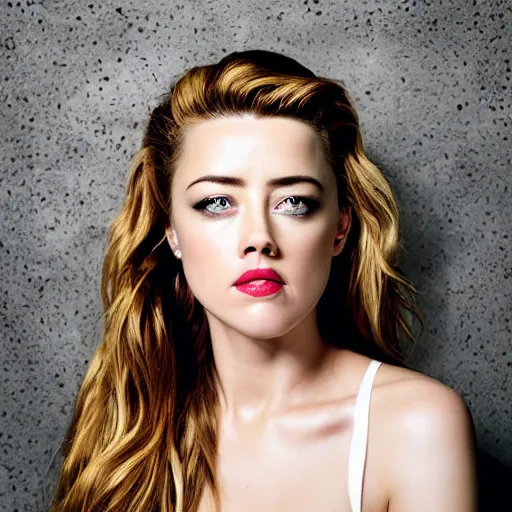 Prompt: amber heard mugshot holding plate in prison, nose piercings, lip piercings, eye piercings,'no regrets'tattood on forehead, ultra realistic, 8 k, canon 3 5 mm portrait photography