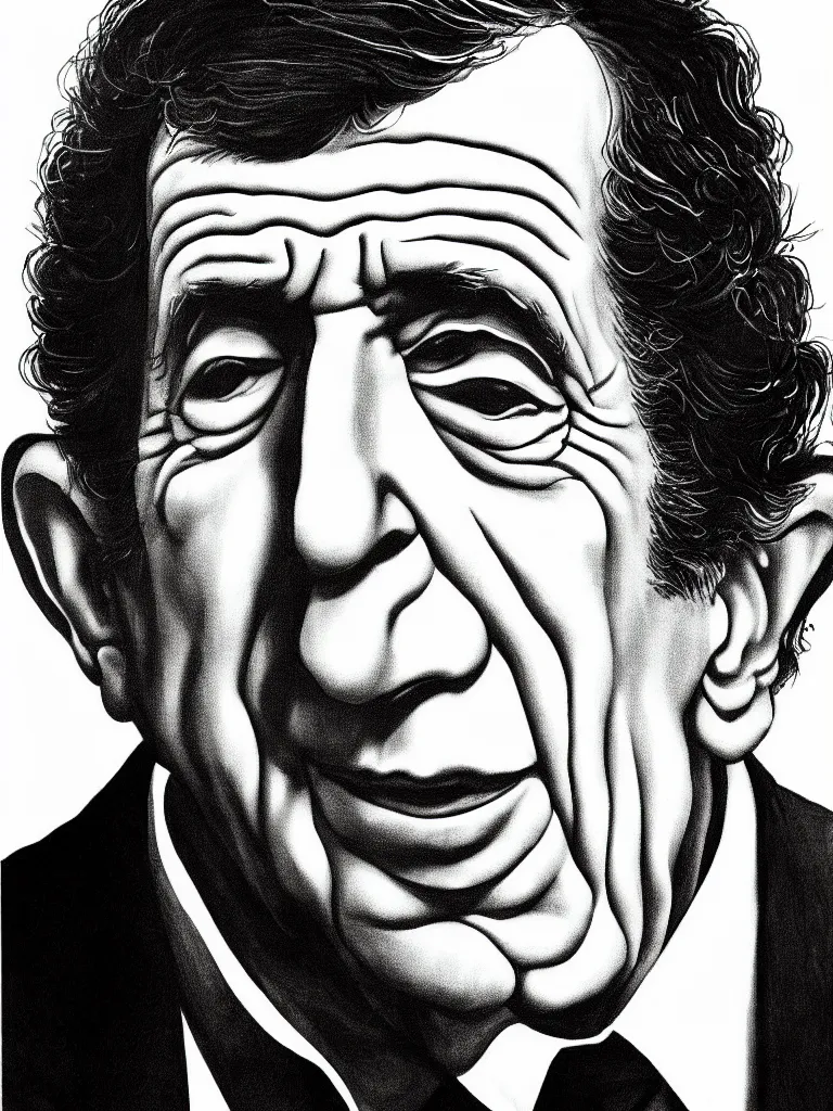 Image similar to detailed line art portrait of leonard cohen. caricatural, minimalist, bold contour lines, musicality, soft twirls curls and curves, confident personality, raw emotion