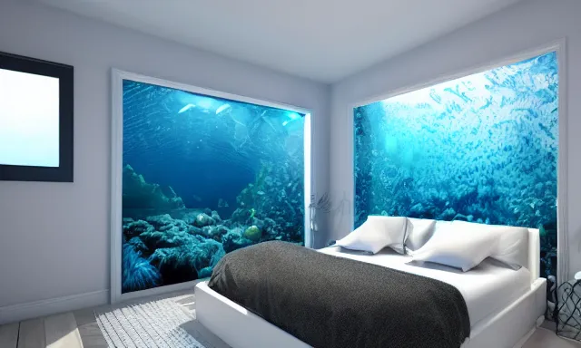 Image similar to a bedroom deep under the sea, photorealistic magazine picture, studio lighting, cozy, extremely detailed and realistic