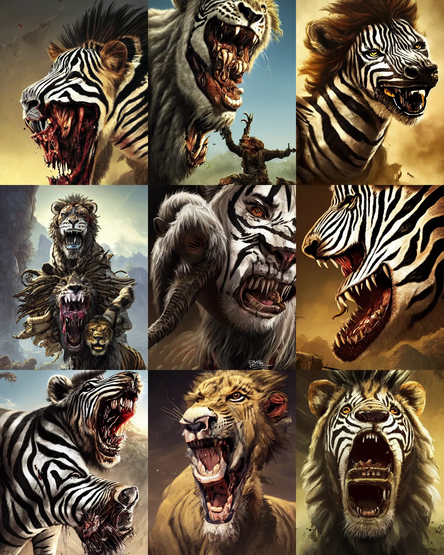 Prompt: A Zombie Zebra eating a lion as an Apex Legends character digital illustration portrait design by, Mark Brooks and Brad Kunkle detailed, gorgeous lighting, wide angle action dynamic portrait