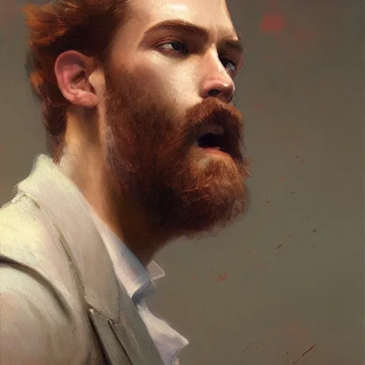 Prompt: detailed cinematic wide shot of beautiful attractive young man pericing white suit light brown hair thick beard slim face symettrical face clean skin blue eyes black clothes, ultra realistic, in sea, spring light, painting by gaston bussiere, craig mullins, j. c. leyendecker