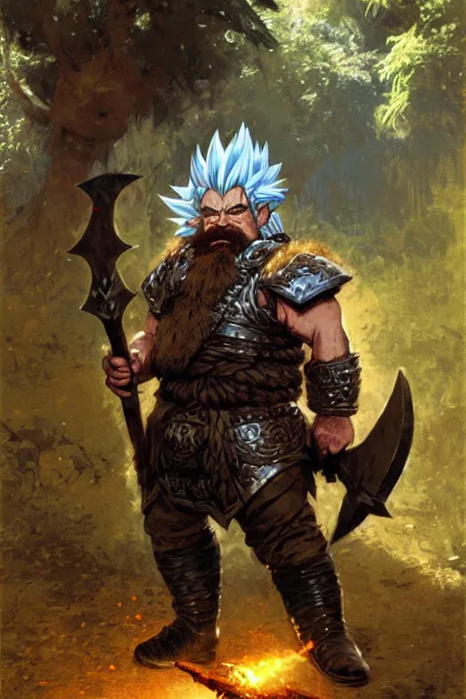 Image similar to dwarf in leather armour in a fantasy forest going super saiyan, holding a large stone axe portrait dnd, painting by gaston bussiere, craig mullins, greg rutkowski, yoji shinkawa