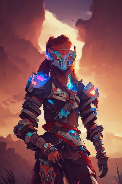 Image similar to combination suit armor aloy horizon forbidden west horizon zero dawn radiating a glowing aura global illumination ray tracing hdr fanart arstation by ian pesty and alena aenami artworks in 4 k tribal robot ninja mask helmet backpack