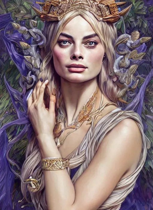 Image similar to Margot Robbie as a Greek Goddess, beautiful detailed eyes, cute, fantasy, intricate, elegant, highly detailed, digital painting, 4k, HDR, concept art, detailed jewelry, smooth, sharp focus, illustration, art by Artgerm, H R Giger and Alphonse Mucha