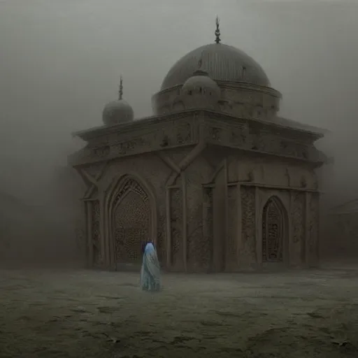 Prompt: a big mosque in a Village, horror, fog, foster, highly detailed, one house, fear, hyper realistic, atmospheric lighting, beksinski