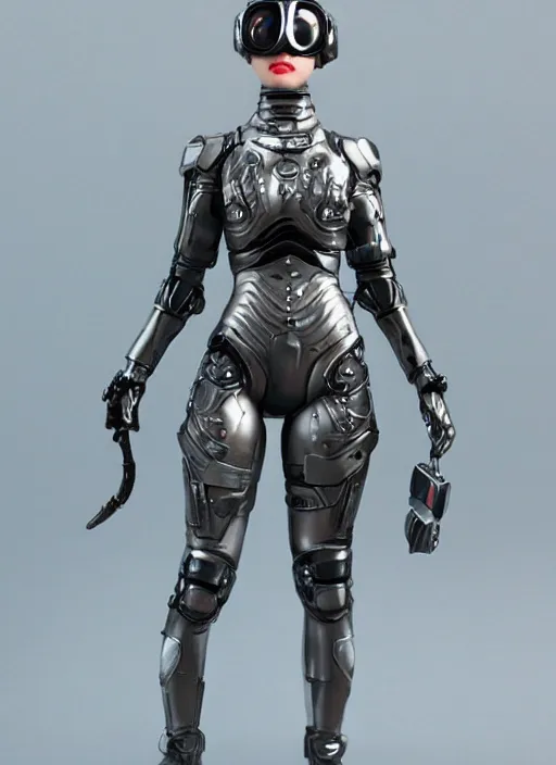 Prompt: 80mm resin detailed miniature of a beautiful lady, detailed high-tech armor, futuristic, cyber goggles, pods, belly skin, tights skin, Product Introduction Photos, 4K, Full body