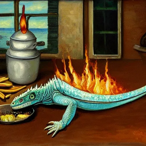 Prompt: lizard cooking dinner, classic painting