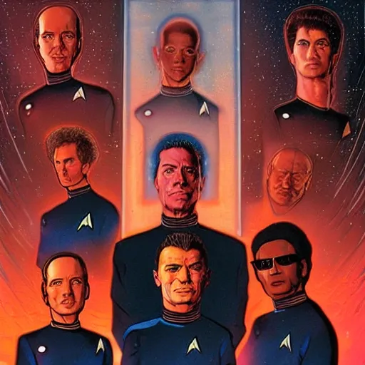 Image similar to Star Trek the next generation crew portrait, cyberpunk, synthwave, highly detailed