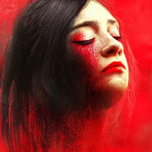 Prompt: masterpiece dynamic portrait of an aesthetic beautiful realistic black haired woman protesting, 3 0 years old woman, mid long hair, black eyed, red peace and love symbol on the cheek, digital painting by zack snyder, atmospheric red effects, sparkles, artstation, deviantart, large view, motion blur, black background