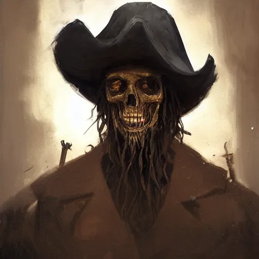 Prompt: masterpiece portrait painting a dirty skull masked old slim pirate lord with a black hat, long beard, long hair, black coat, ragged and torn, wooden inn by torchlight, by greg rutkowski and noah bradley, trending on artstation