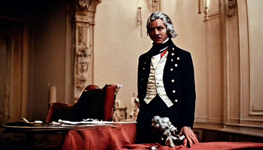 Prompt: 1 9 7 0 s movie still of maximilien de robespierre, cinestill 8 0 0 t 3 5 mm, high quality, heavy grain, high detail, cinematic composition, dramatic light, anamorphic, ultra wide lens, hyperrealistic