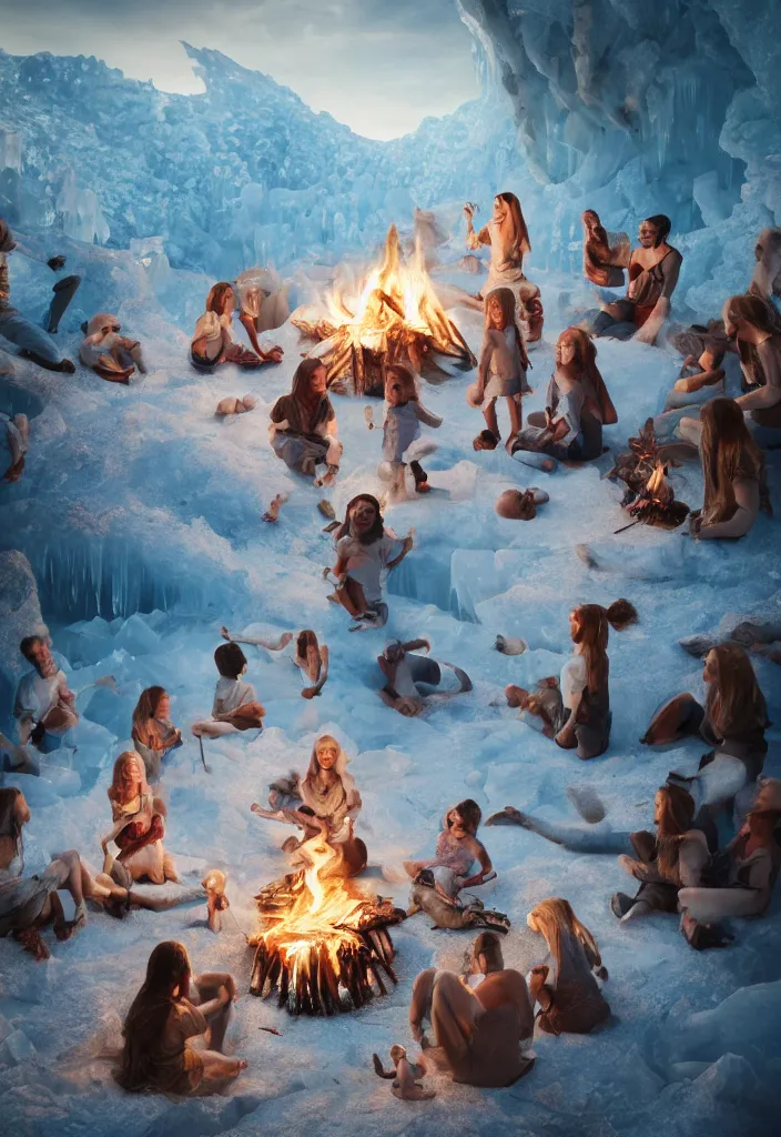 Image similar to realistic white tribe gather around a bonfire with a pregnant woman as her leader, proud people, sharp, ice cave, facinating, fantasy digital art, octane render, beautiful composition, trending on artstation, award - winning photograph, masterpiece