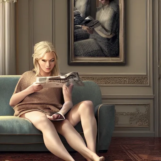 Image similar to beautiful blonde woman in her 4 0 s sat with feet up on sofa reading a magazine, hyper detailed, dramatic lighting, cgsociety, realistic, hyper detailed, insane details, intricate, dramatic lighting, hypermaximalist, golden ratio, rule of thirds, octane render, weta digital, micro details, ultra wide angle, artstation trending, 8 k,