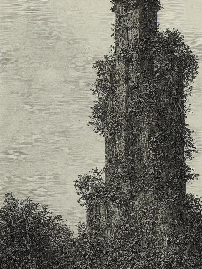 Image similar to “An engraving of a crooked, ivy-covered tower with a pointed roof by Gustave Dore”