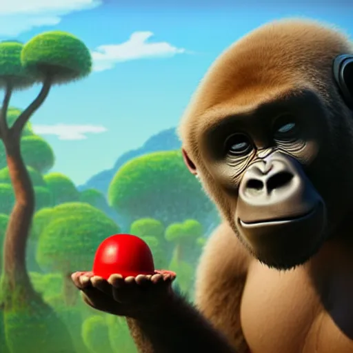 Image similar to a wholesome animation key shot of a gorilla holding a very small red mushroom, chilled out smirk on face, red headphones on head, studio ghibli, pixar and disney animation, sharp, rendered in unreal engine 5, anime key art by greg rutkowski, bloom, dramatic lighting