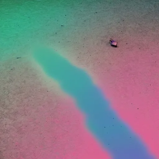 Prompt: overhead view of inhuman bodies swimming in an iridescent tide oil slick at the edge of a disaused factory faded, depth of field, ultra realistic, very detailed, glitch, by nadav kander, 8 k hyper realistic detailed cinematic