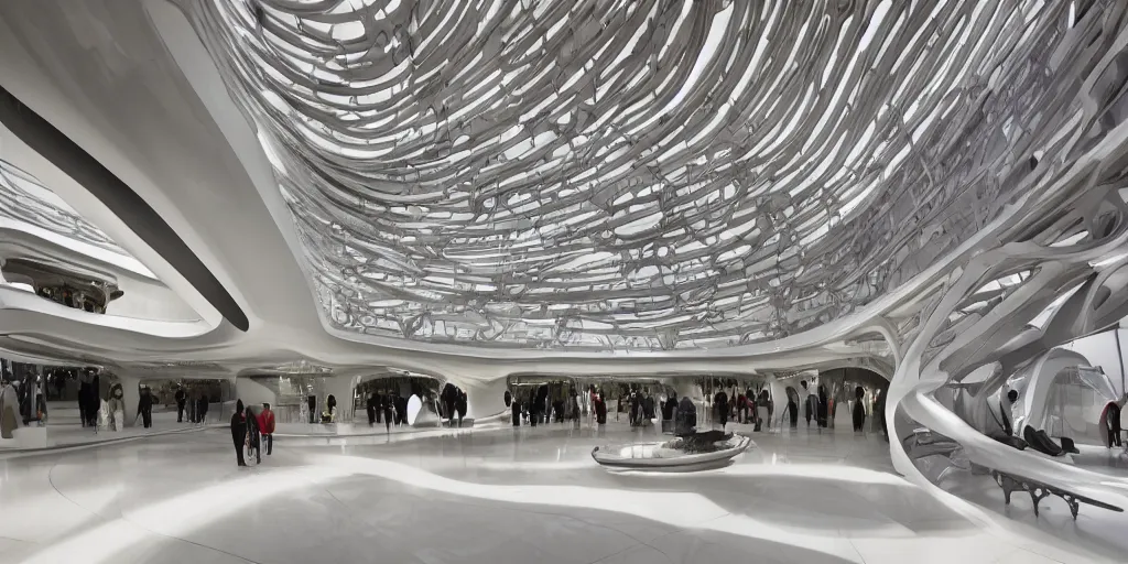 Image similar to extremely detailed ornate stunning beautiful elegant futuristic museum lobby interior by Zaha Hadid