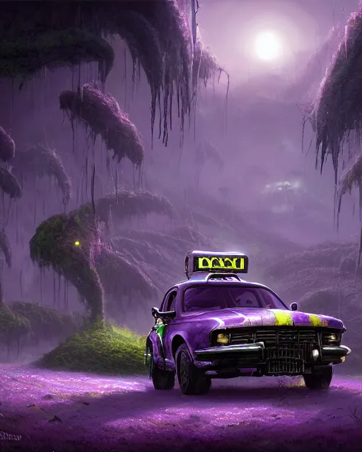 Image similar to xenomorph taxi car in a fantasy village, calming, uplifting mood, ultra realistic, farm, small buildings, highly detailed, atmosphere, violet planet in the sky, masterpiece, epic lighting, elves, green plants, magic, illuminated, 4 k, cinematic, morning sun, art by eddie mendoza