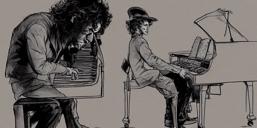 Prompt: cartoonish bob dylan playing the piano, character sheet, fine details, concept design, contrast, kim jung gi, greg rutkowski, trending on artstation, 8 k, full body, turnaround, front view, back view, ultra wide angle