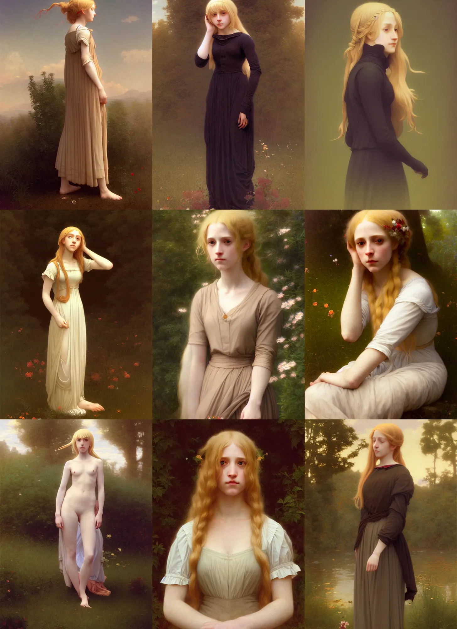 Prompt: a full body portrait of Ophelia Goldhall, long blonde hair, makoto shinkai, james gilleard, tone mapping, very detailed, matte, (((William-Adolphe Bouguereau))), ((wlop))
