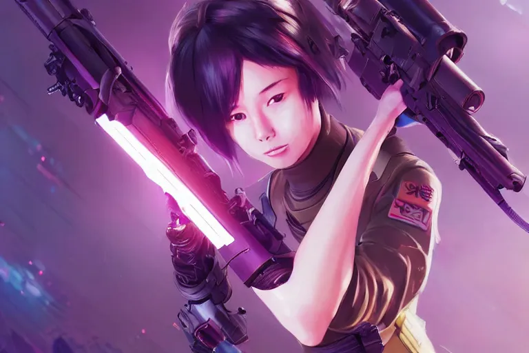 Prompt: young female japanese sniper holding a railgun sniper rifle, short purple haircut, neon, cyberpunk, futuristic, full cybernetic combat suit, stunning, highly detailed, digital painting, smooth, soft focus, illustration, ghost in the shell, 4 k digital art from artstation by artgerm and greg rutkowski and wlop