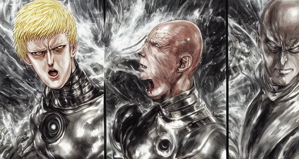 Image similar to one punch man vs donald trump by h. r. giger and greg rutkowski - elden ring