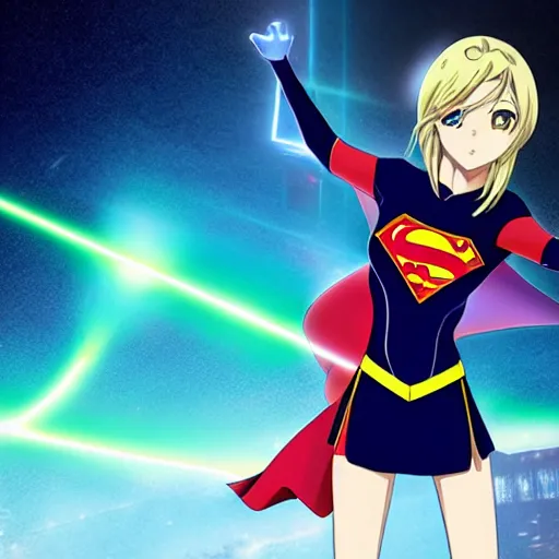 Image similar to anime visual of supergirl, laserbeam from eyes, official media