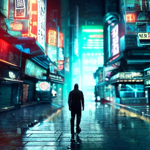 Image similar to A man with nothing left to lose, wandering in the hostile neon-soaked dirty streets of a city from the future, armed and dangerous, cyberpunk. night, rain, dark clouds, realistic 4k octane beautifully detailed render, 4k post-processing, highly detailed, intricate complexity, epic composition, magical atmosphere, cinematic lighting, masterpiece, ultra hd