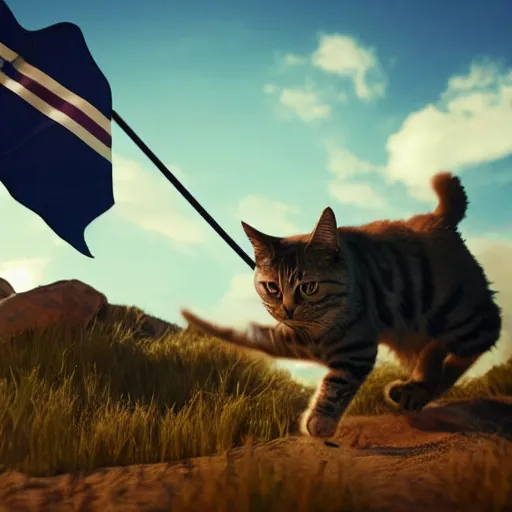 Image similar to a cat with a flag riding another cat into battle, in the background there is epic enormous terrain with shockingly gorgeous skies, dramatic lighting, octane render, unreal 5