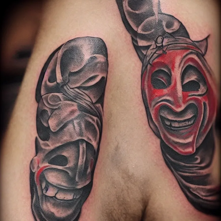 Image similar to “jester mask, tattoo in a tornado”