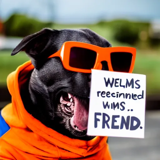 Prompt: A portrait photo of a dog wearing an orange hoodie and blue sunglasses holding a sign on the chest that says Welcome Friends, subject: dog, subject detail: wearing orange hoodie, wearing blue sunglasses, subject action: holding sign