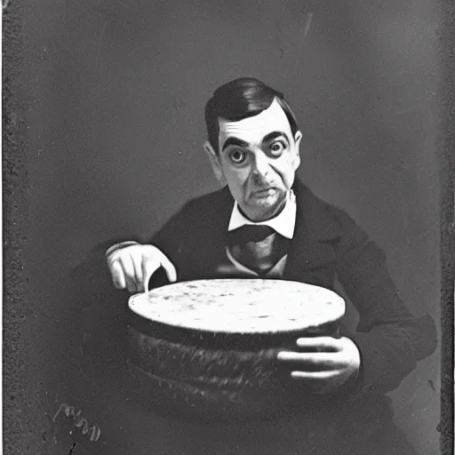 Prompt: ambrotype of mr bean eating a large wheel of cheese,