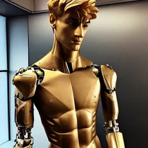 Image similar to “a realistic detailed photo of a guy who is an attractive humanoid who is half robot and half humanoid, who is a male android, twitch streamer Ninja Tyler Blevins, shiny skin, posing like a statue, blank stare, living room, display”