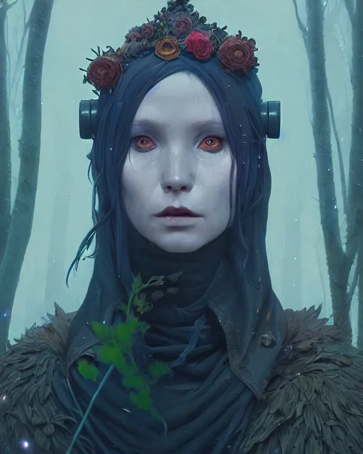 Image similar to highly detailed surreal vfx portrait of a elfpunk grim reaper, stephen bliss, unreal engine, greg rutkowski, loish, rhads, beeple, makoto shinkai and lois van baarle, ilya kuvshinov, rossdraws, tom bagshaw, alphonse mucha, global illumination, detailed and intricate environment