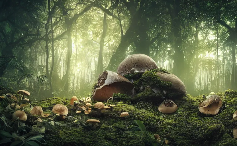 Prompt: a beautiful render of a mushroom growing out of a human a skull in a rainforest, sunset lighting, intricate detail, hazy, humid, volumetric lighting, god rays, 8 k, photorealistic, raytracing effects, unreal engine 5