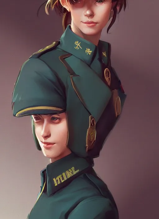 Image similar to portrait of young woman with light brown shoulder length hair and hazel eyes dressed in a sharp dark teal military uniform, smiling, ilya kuvshinov, svetlana tigai, greg rutkowski, loish, artgerm, digital painting, concept art