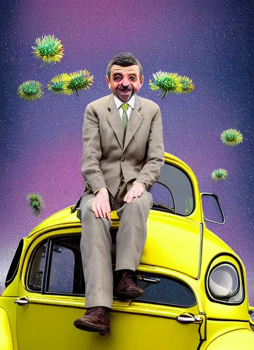 Image similar to hyper detailed 3d render like a Oil painting muted colors - slightly silly portrait of Rowan Atkinson cross eyed as Mr. Bean atop his yellow beetle in Aurora seen tickling of the Strangling network of yellowcake aerochrome and milky Fruit and Her delicate Hands hold of gossamer polyp blossoms bring iridescent fungal flowers whose spores black the foolish stars by Jacek Yerka, Mariusz Lewandowski, Houdini algorithmic generative render, Abstract brush strokes, Masterpiece, Edward Hopper and James Gilleard, Zdzislaw Beksinski, Nicoletta Ceccoli, Wolfgang Lettl, hints of Yayoi Kasuma, octane render, 8k